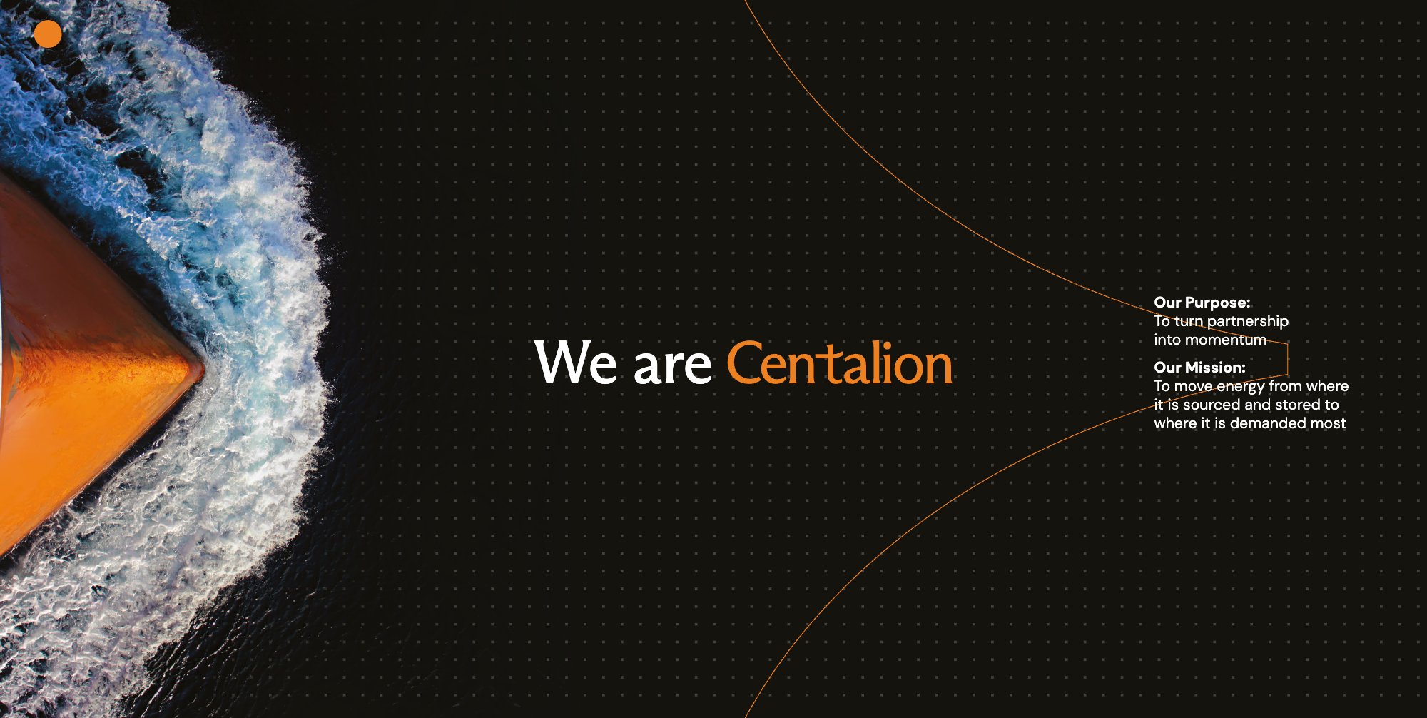 Centalion brand booklet spread showing the dot grid, a fine orange line and a ship photograph